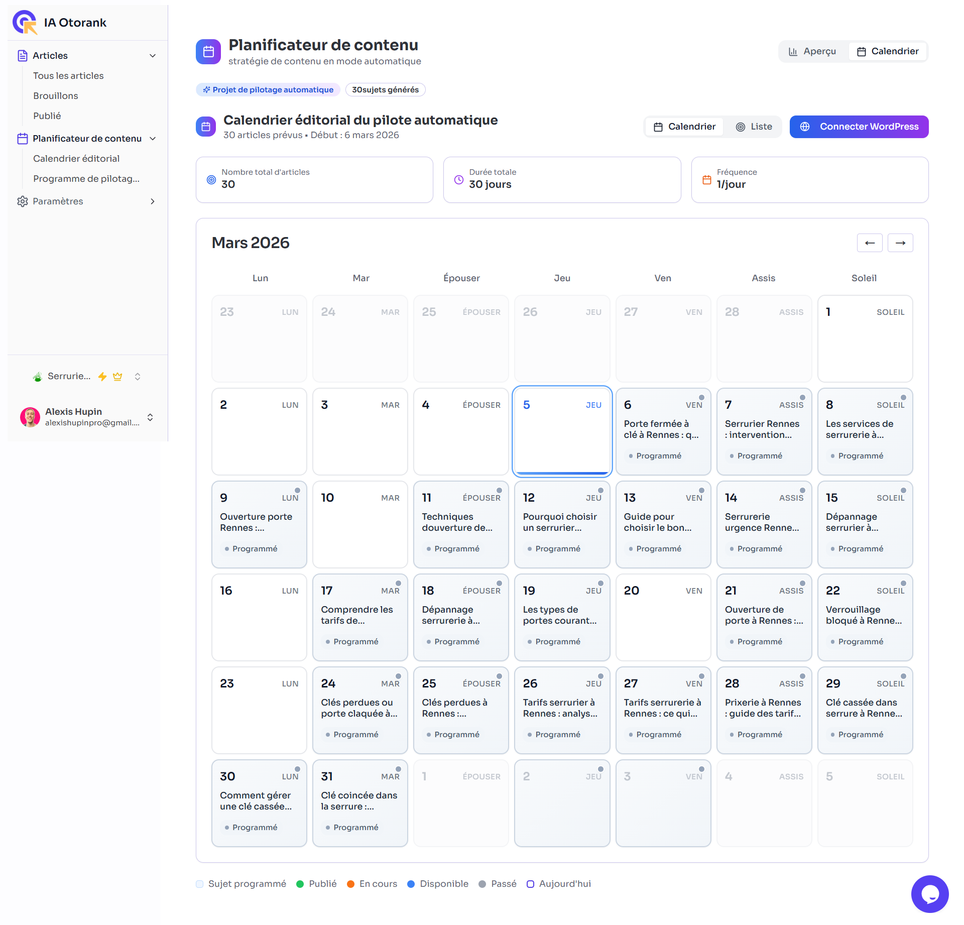 Dashboard Otorank - Content Planner avec plan éditorial généré par IA